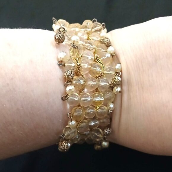 Handmade Jewelry - Vintage 60s Chunky Gold Tone Glass Stretch Bracelet Women MCM Art Glam Regency